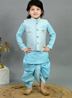 Boys sky blue cotton silk sequins embellished wavy motifs kurta & dhoti set with waistcoat 1