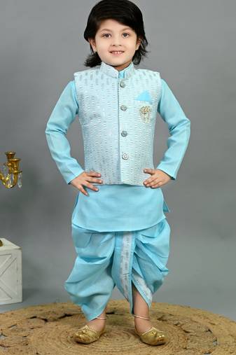 Boys sky blue cotton silk sequins embellished wavy motifs kurta & dhoti set with waistcoat