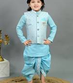 Boys sky blue cotton silk sequins embellished wavy motifs kurta & dhoti set with waistcoat