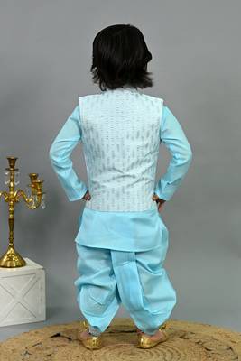 Boys sky blue cotton silk sequins embellished wavy motifs kurta & dhoti set with waistcoat 2