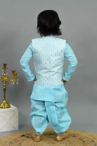 Boys sky blue cotton silk sequins embellished wavy motifs kurta & dhoti set with waistcoat