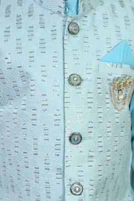 Boys sky blue cotton silk sequins embellished wavy motifs kurta & dhoti set with waistcoat 3