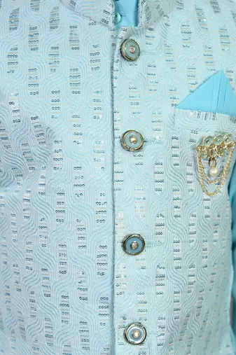 Boys sky blue cotton silk sequins embellished wavy motifs kurta & dhoti set with waistcoat