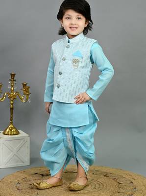 Boys sky blue cotton silk sequins embellished wavy motifs kurta & dhoti set with waistcoat 4