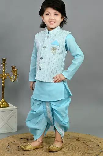 Boys sky blue cotton silk sequins embellished wavy motifs kurta & dhoti set with waistcoat