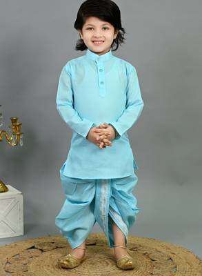 Boys sky blue cotton silk sequins embellished wavy motifs kurta & dhoti set with waistcoat 5