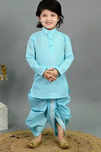 Boys sky blue cotton silk sequins embellished wavy motifs kurta & dhoti set with waistcoat