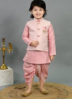 Boys pink cotton silk sequins embellished wavy motifs kurta & dhoti set with waistcoat 1