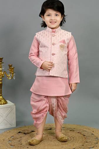Boys pink cotton silk sequins embellished wavy motifs kurta & dhoti set with waistcoat