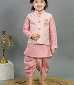 Boys pink cotton silk sequins embellished wavy motifs kurta & dhoti set with waistcoat