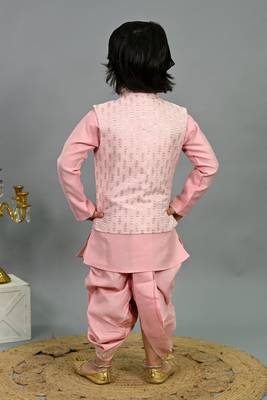 Boys pink cotton silk sequins embellished wavy motifs kurta & dhoti set with waistcoat 2