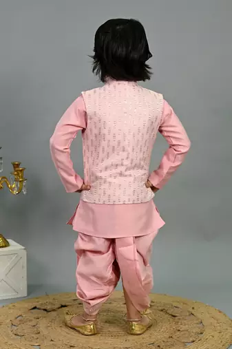 Boys pink cotton silk sequins embellished wavy motifs kurta & dhoti set with waistcoat