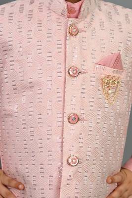 Boys pink cotton silk sequins embellished wavy motifs kurta & dhoti set with waistcoat 3