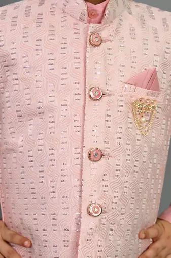 Boys pink cotton silk sequins embellished wavy motifs kurta & dhoti set with waistcoat