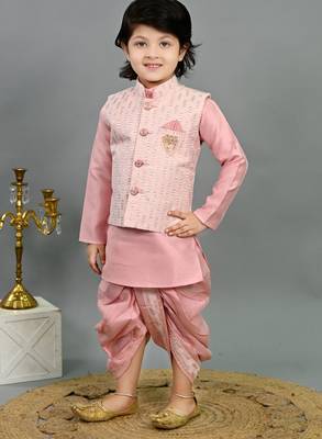Boys pink cotton silk sequins embellished wavy motifs kurta & dhoti set with waistcoat 4