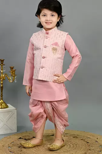 Boys pink cotton silk sequins embellished wavy motifs kurta & dhoti set with waistcoat