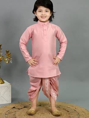 Boys pink cotton silk sequins embellished wavy motifs kurta & dhoti set with waistcoat 5