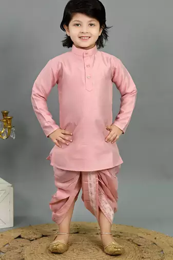 Boys pink cotton silk sequins embellished wavy motifs kurta & dhoti set with waistcoat