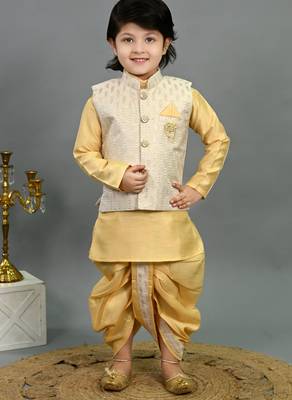 Boys yellow cotton silk sequins embellished wavy motifs kurta & dhoti set with waistcoat 1