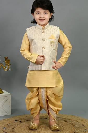 Boys yellow cotton silk sequins embellished wavy motifs kurta & dhoti set with waistcoat