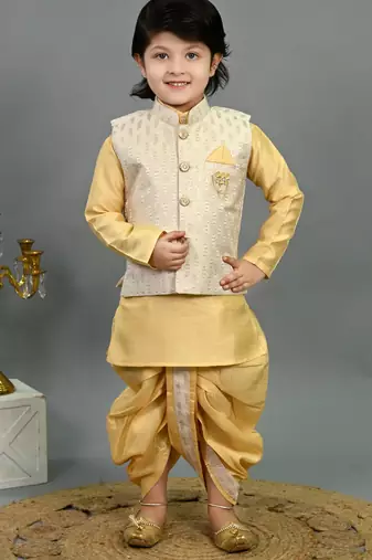 Boys yellow cotton silk sequins embellished wavy motifs kurta & dhoti set with waistcoat