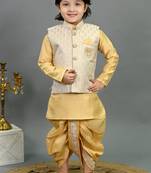 Boys yellow cotton silk sequins embellished wavy motifs kurta & dhoti set with waistcoat
