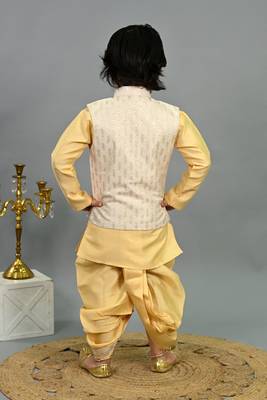 Boys yellow cotton silk sequins embellished wavy motifs kurta & dhoti set with waistcoat 2