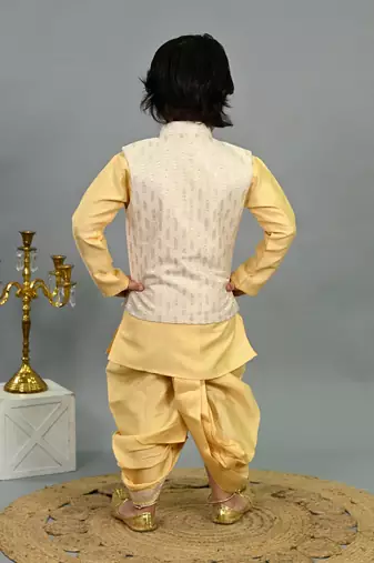 Boys yellow cotton silk sequins embellished wavy motifs kurta & dhoti set with waistcoat