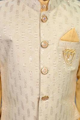 Boys yellow cotton silk sequins embellished wavy motifs kurta & dhoti set with waistcoat 3
