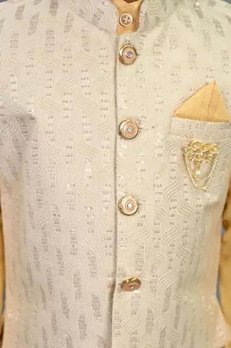 Boys yellow cotton silk sequins embellished wavy motifs kurta & dhoti set with waistcoat