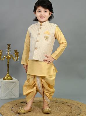 Boys yellow cotton silk sequins embellished wavy motifs kurta & dhoti set with waistcoat 4