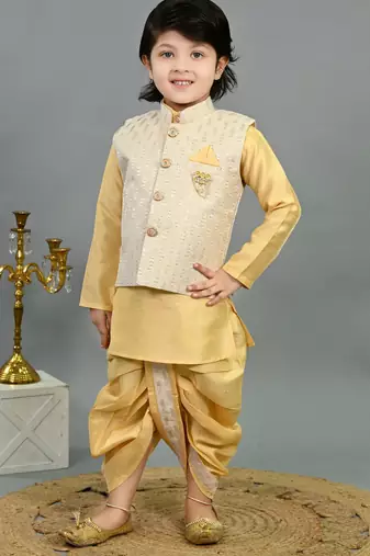 Boys yellow cotton silk sequins embellished wavy motifs kurta & dhoti set with waistcoat