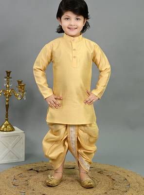 Boys yellow cotton silk sequins embellished wavy motifs kurta & dhoti set with waistcoat 5