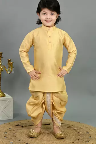 Boys yellow cotton silk sequins embellished wavy motifs kurta & dhoti set with waistcoat
