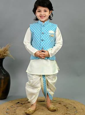 Boys sky blue & white cotton silk diamond pattern kurta & dhoti set with waistcoat 1