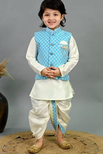 Boys sky blue & white cotton silk diamond pattern kurta & dhoti set with waistcoat