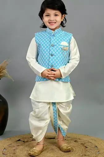 Boys sky blue & white cotton silk diamond pattern kurta & dhoti set with waistcoat