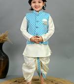 Boys sky blue & white cotton silk diamond pattern kurta & dhoti set with waistcoat