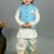 Boys sky blue & white cotton silk diamond pattern kurta & dhoti set with waistcoat