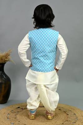 Boys sky blue & white cotton silk diamond pattern kurta & dhoti set with waistcoat 2