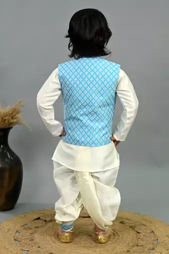 Boys sky blue & white cotton silk diamond pattern kurta & dhoti set with waistcoat