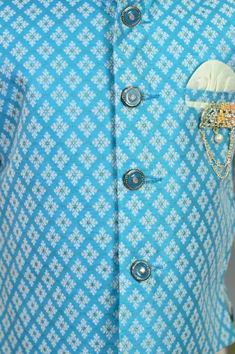 Boys sky blue & white cotton silk diamond pattern kurta & dhoti set with waistcoat