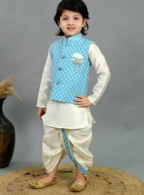 Boys sky blue & white cotton silk diamond pattern kurta & dhoti set with waistcoat 4