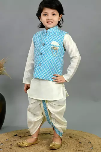 Boys sky blue & white cotton silk diamond pattern kurta & dhoti set with waistcoat