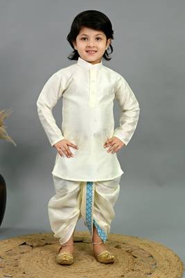 Boys sky blue & white cotton silk diamond pattern kurta & dhoti set with waistcoat 5