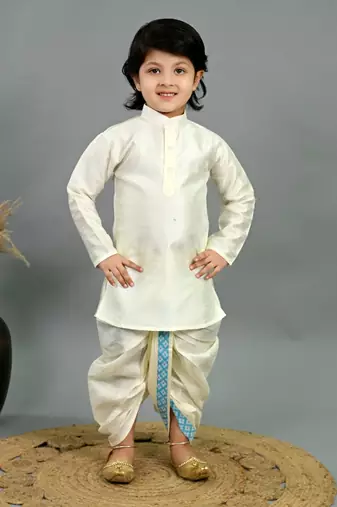 Boys sky blue & white cotton silk diamond pattern kurta & dhoti set with waistcoat