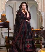Black Cotton Floral Block Print Angrakha Style Anarkali Kurti Pant Dupatta Set