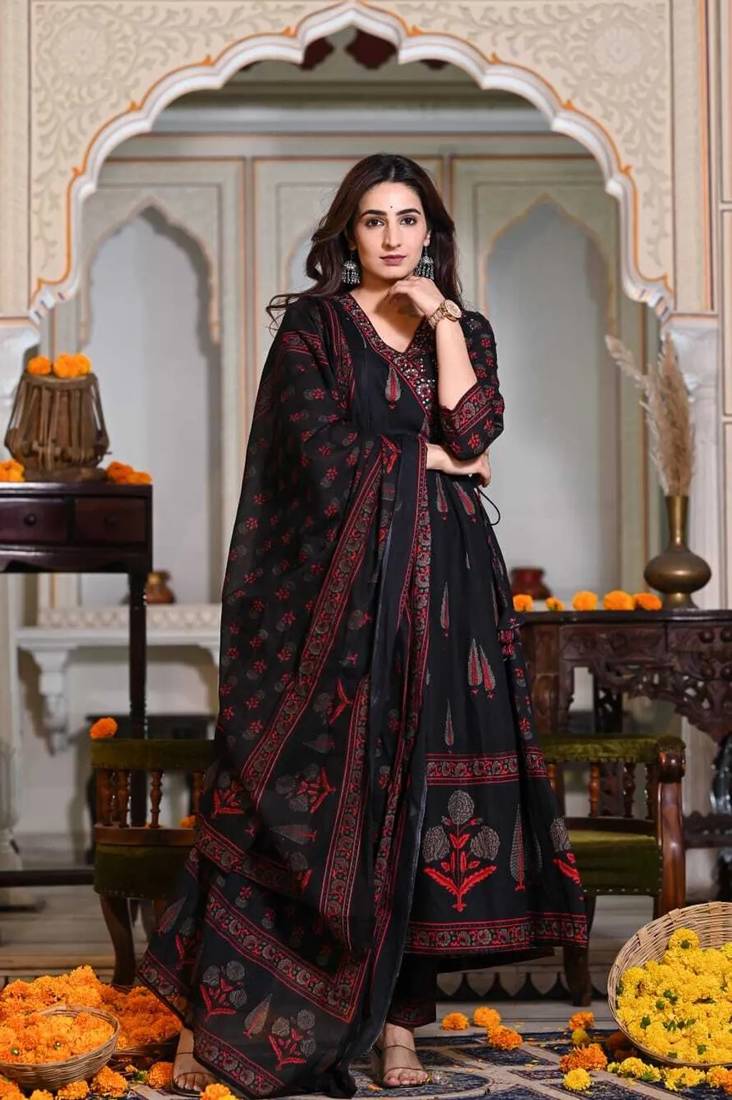 Black Cotton Floral Block Print Angrakha Style Anarkali Kurti Pant Dupatta Set