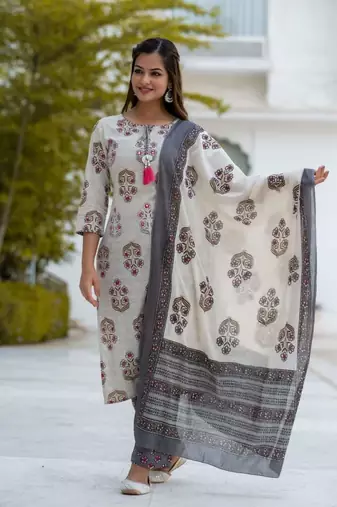 Grey Cotton Floral Block Print Angrakha Style Anarkali Kurti Pant Dupatta Set