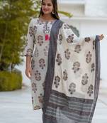 Grey Cotton Floral Block Print Angrakha Style Anarkali Kurti Pant Dupatta Set